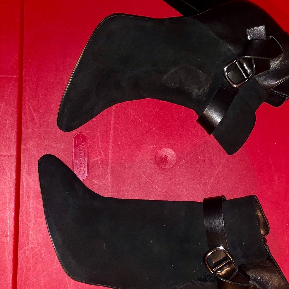 Black Suede Booties With Leather Buckle